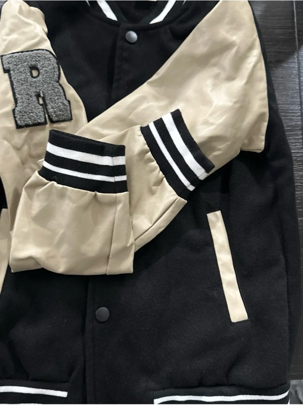 SHEIN Black and Cream Kids Varsity Bomber Jacket